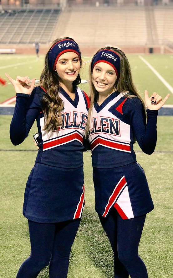 sheliabhtexas's tweet photo. Last JV game last night. Our awesome mascot took this cute pic of SG and Macie โค๏ธ๐ #allencheer @AllenEagleCheer @AllenCheer https://t.co/2VRkH0CeNq