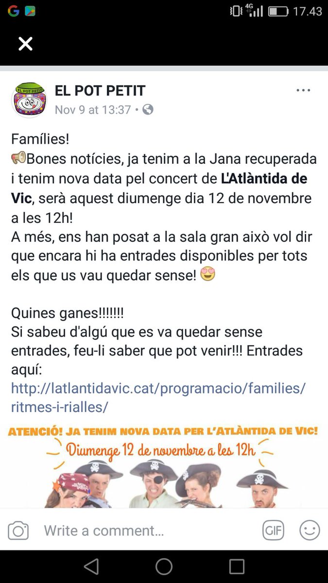 quimriuma's tweet photo. Si no sabeu què fer diumenge aneu a veure @elpotpetit a l' @latlantidavic ! A casa en som fans! @nohoserac1 #ElCulturetes https://t.co/hQzVke3Sgn