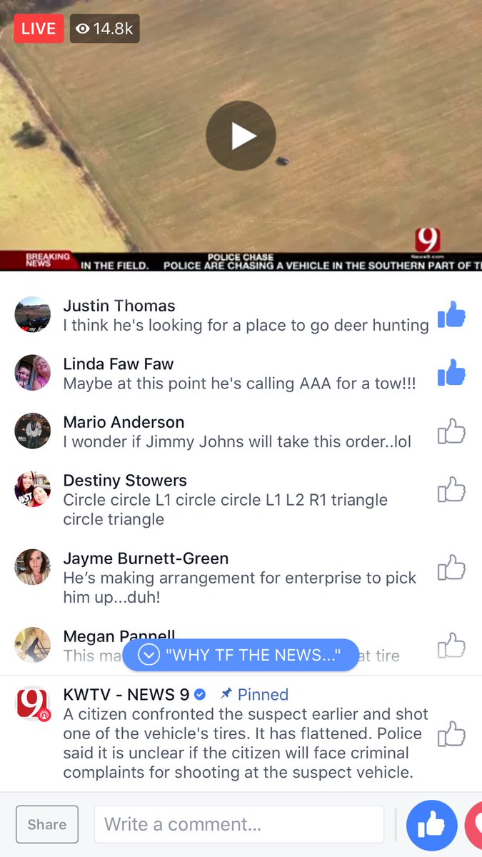 OklahomaProbs's tweet photo. Is anyone else watching this “police chase” on Facebook Live? I’ve lost an hour I can’t get back and I’m not even mad about it! #OklahomaProbs https://t.co/jRzpglL6MD