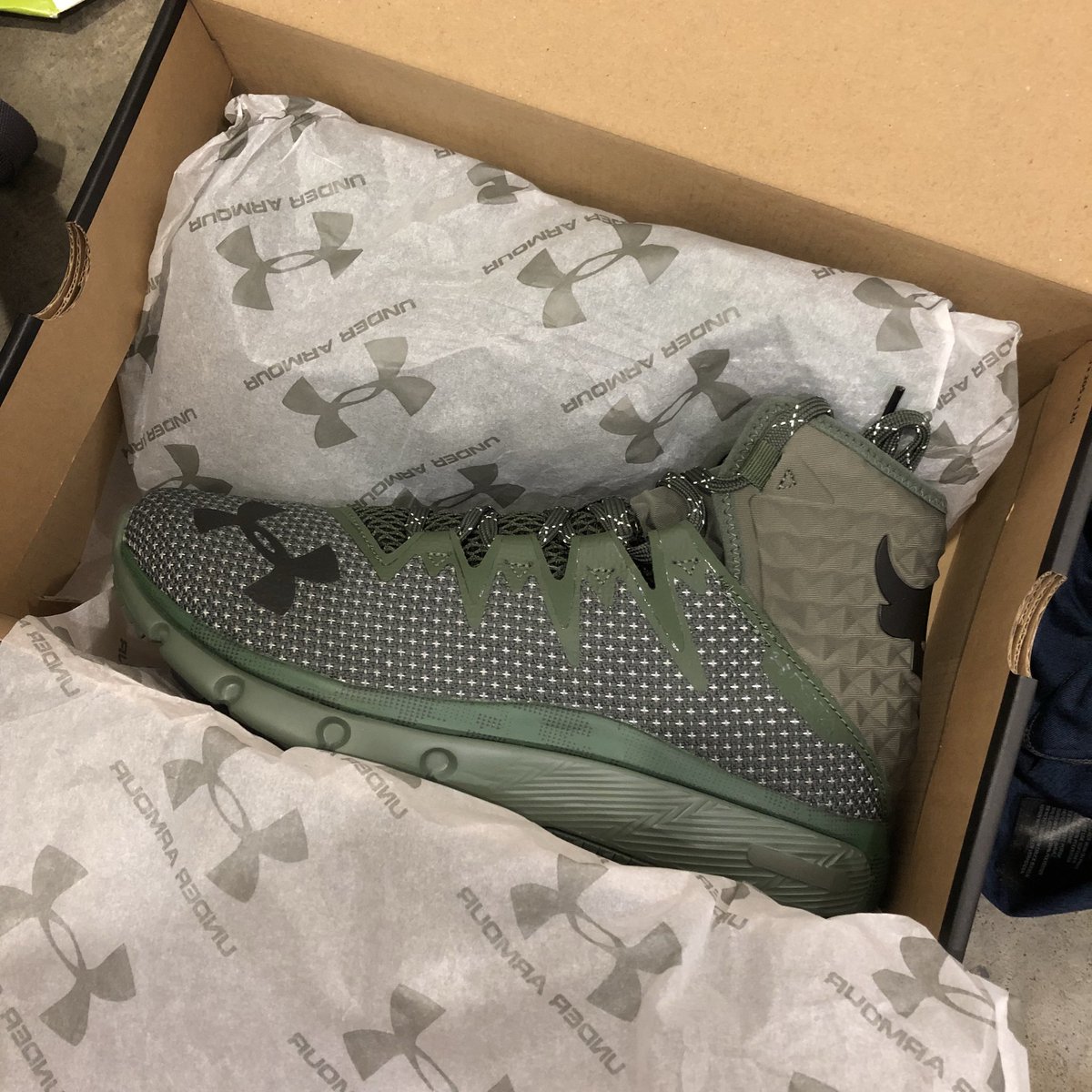 AskAaronLee's tweet photo. I just got these!! told my gf these shoes will give me super powers to train hard like @therock and be as good looking as he is. #projectrock #usdna https://t.co/8d3lRa6kYo