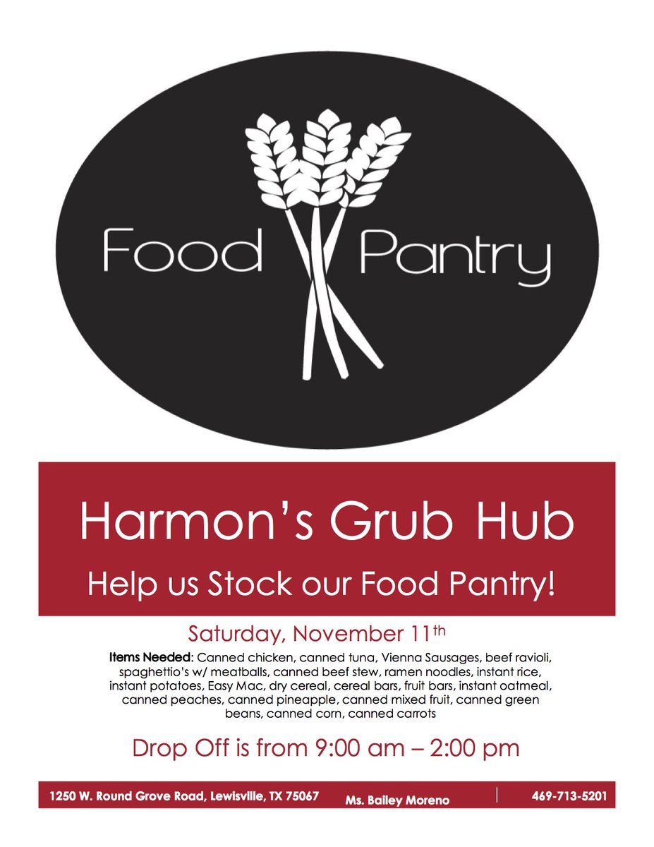 LHSHarmon's tweet photo. TOMORROW!! Come help us stock our pantry from 9 a.m. to 2 p.m.! See the flier for details on what's needed. @LewisvilleTexas @lewisvillecoc @LewisvilleTexan #BHarmonNow #FarmerPride https://t.co/Q3XGxMSfEU