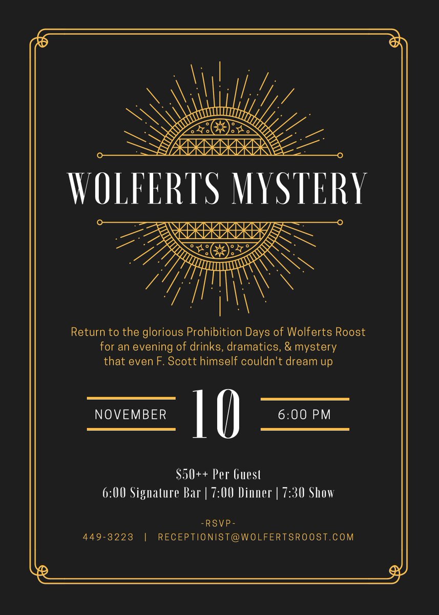 wolfertsroostcc's tweet photo. MURDER MYSTERY DINNER TONIGHT!
6:00 Signature Bar, 7:00 Dinner, 7:30 Show.
1920s attire! https://t.co/5njGmJi8K0