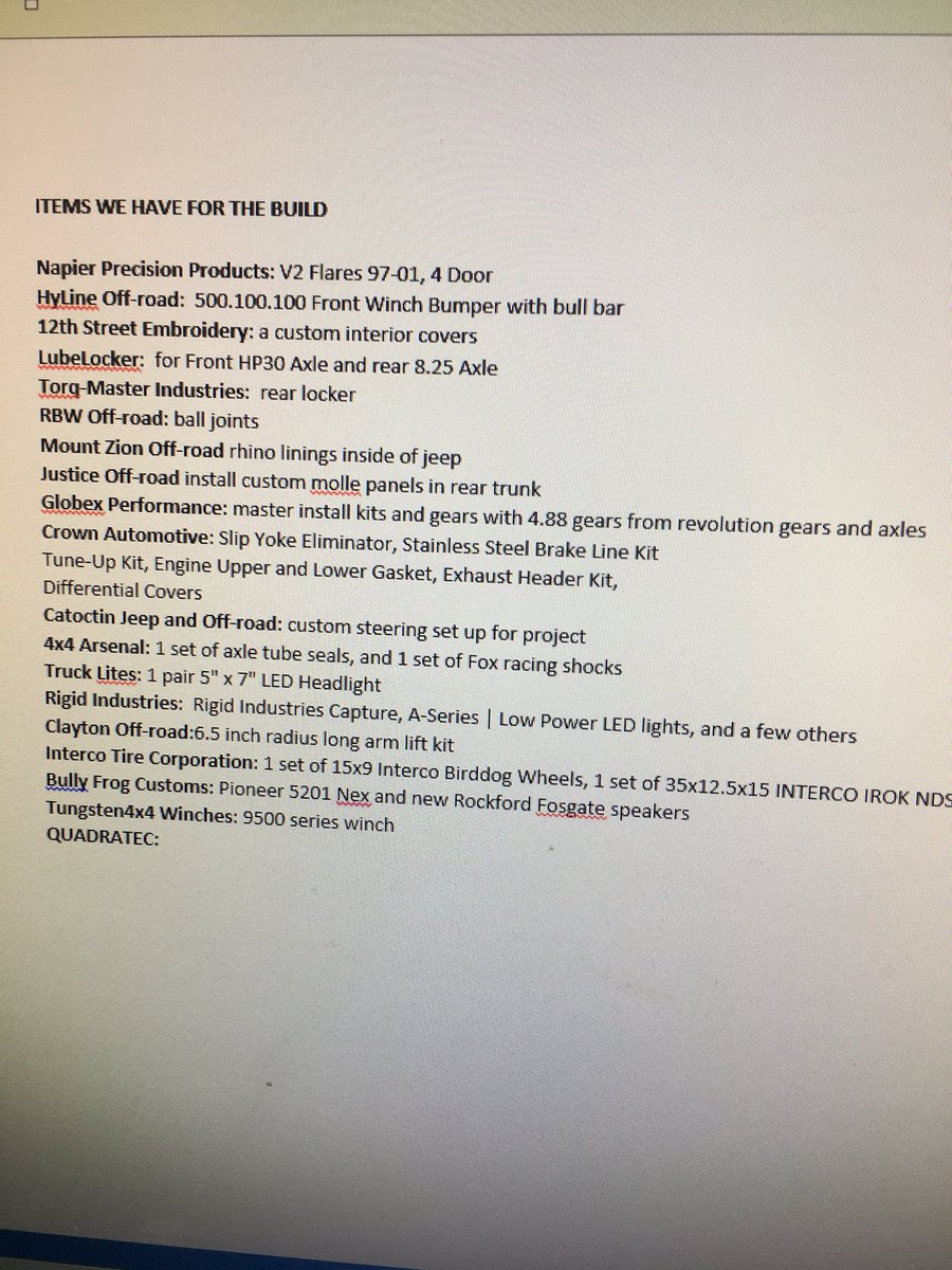KrawlinForCOPS's tweet photo. Build list for #projectsaintmichael so far!!! Lots of awesome coming from @Quadratec @MTZIONOFFROAD @RigidNation @TruckLite @IntercoTire https://t.co/EbGdymuhyq