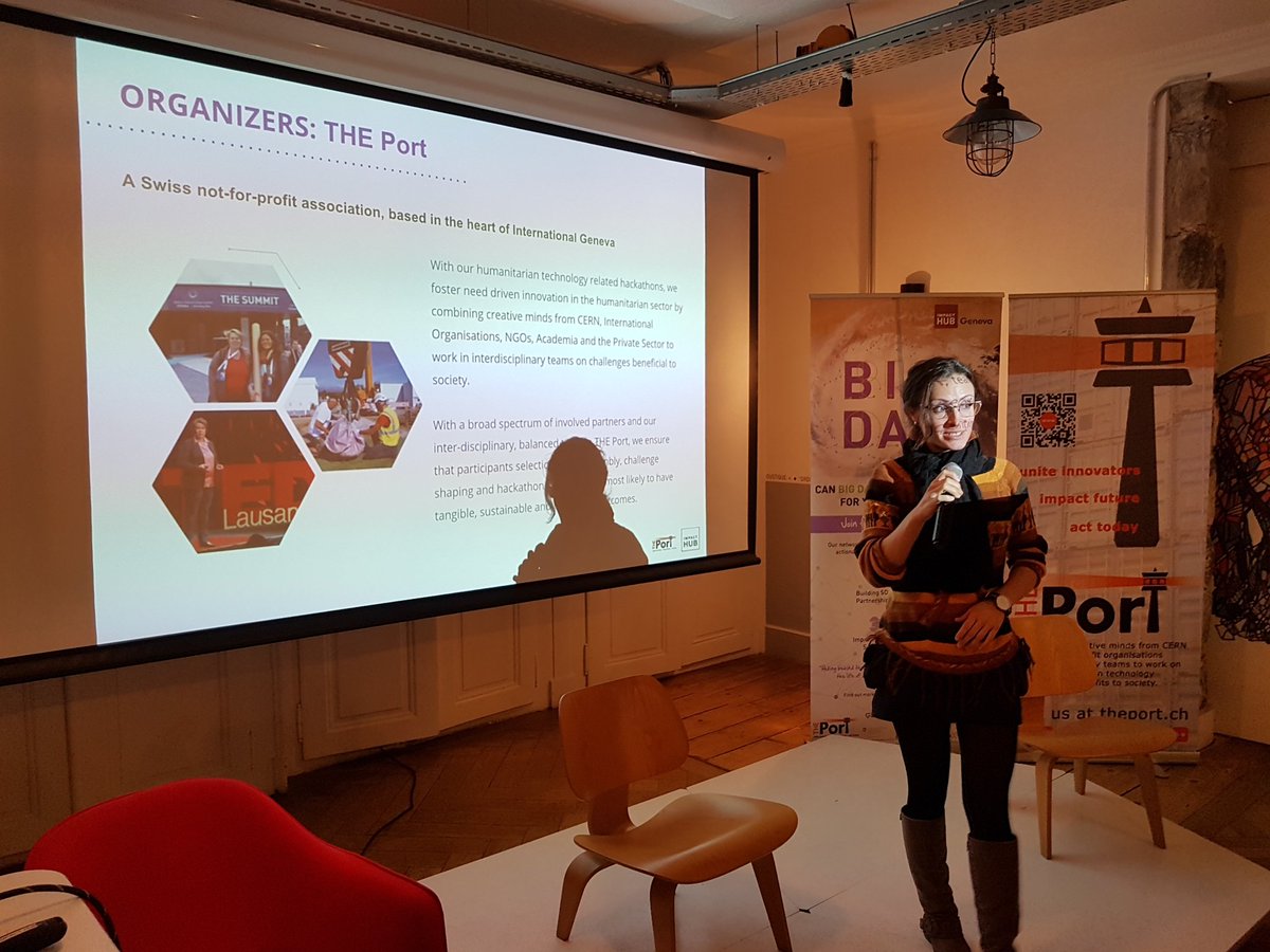 theportatcern's tweet photo. Agnes is presenting #THEPORT2017 at #techpreneurs4good #BigData #Hackathon at @impacthubgeneva with @theportatcern @HumanitarianLab @crowd_ai @flowminder @securaxis @CTI_Startup @SDSCdatascience @GlobalGVA and more https://t.co/DWU85hfm6s