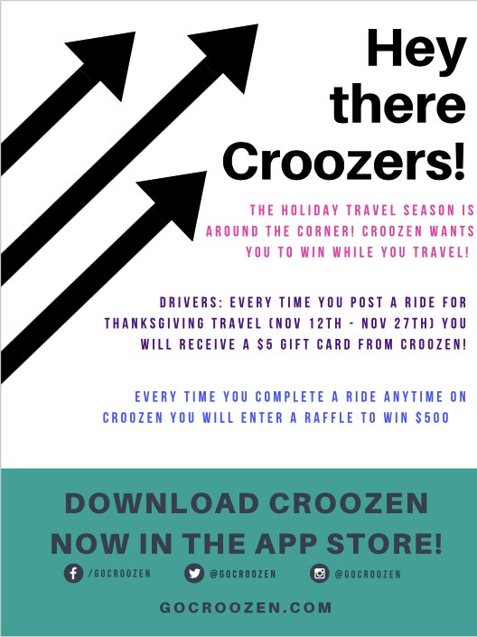 psebuffalo's tweet photo. If anyone that is posting rides back down for the break, YOU can get paid for it! Every time you post a ride for Thanksgiving travel on @gocroozen, you will receive a $5 gift card! Also every time you complete a ride, you will entered in a raffle for $500!!! https://t.co/ZkqfiY31hS