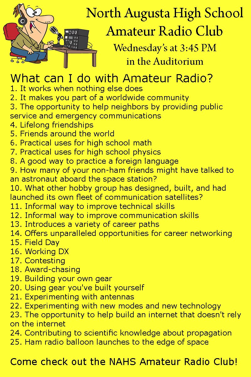Next <a href="/NorthAugustaHS/">North Augusta HS</a> Amateur Radio Club meeting will be held on November 15 at 3:45 PM in the Auditorium. We will begin looking at what it takes to get your License and have some time to talk on the radio!