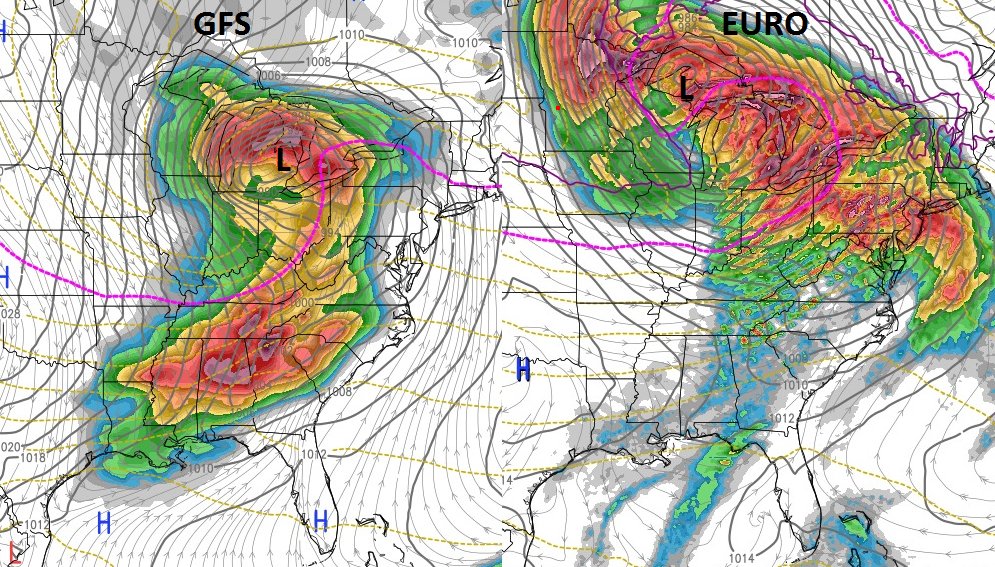 SouthernINWx's tweet photo. GFS vs EURO for pre-Thanksgiving storm. Very similar ideas today. Timing a day earlier on EURO. #AgWx https://t.co/WkCpP11p5z