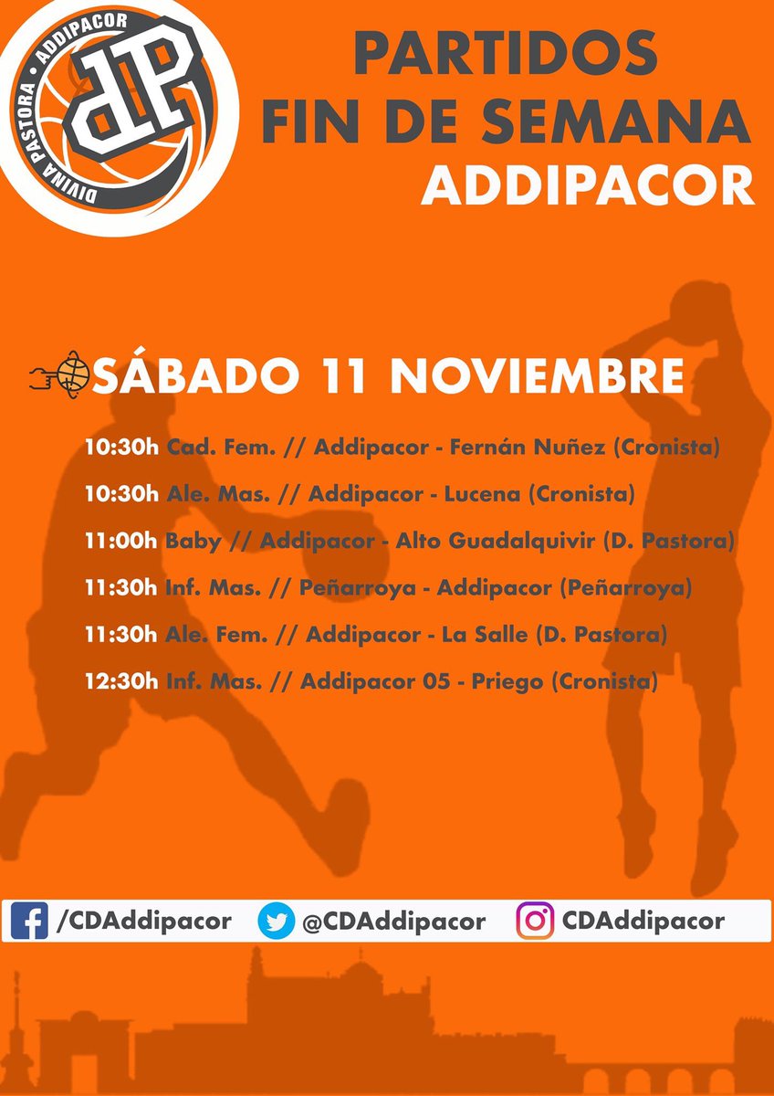 ¡Bajan las temperaturas! 🤧😪😱 ¿Qué mejor manera de combatir el frío que jugando a BA-LON-CES-TO? ⛹🏽⛹🏼‍♀️ Aquí tienes el listado con todos los partidos que van a disputar nuestros equipos este fin de semana. 👇🏻 ¡Te esperamos! 💪🏾🍀🏀

#GoAddipacor