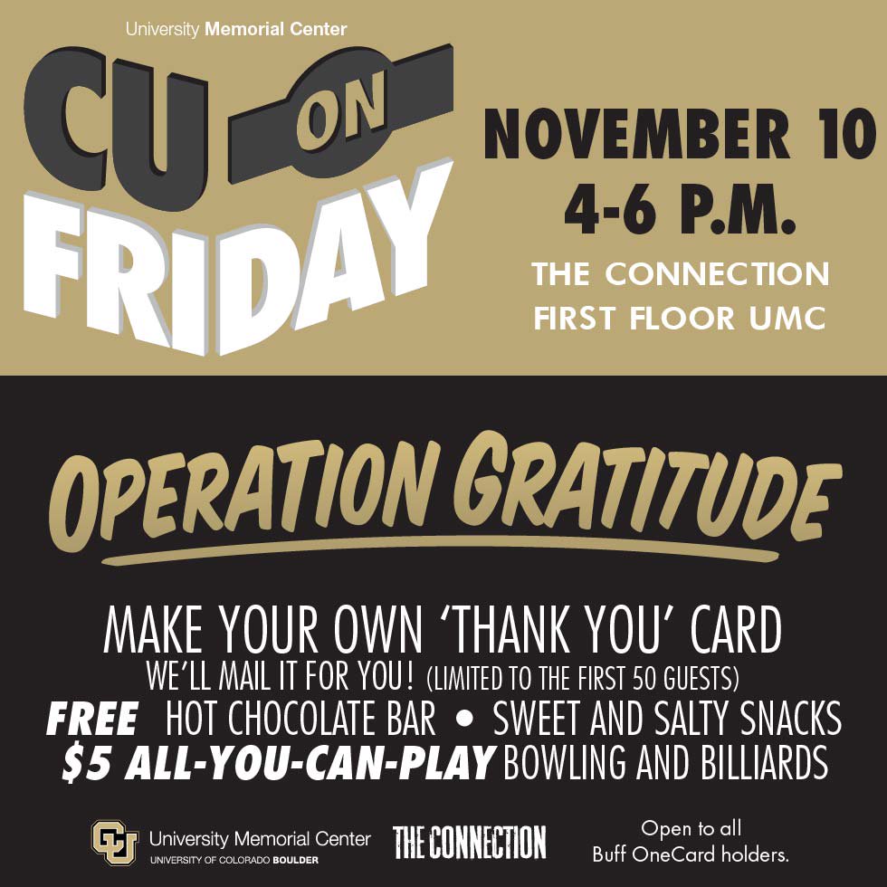 CUBoulderUMC's tweet photo. Today is #CUonFriday! This month's theme is Operation Gratitude plus $5 endless bowling!! 4-6pm at @TheConnectionCU. https://t.co/M7RZ5VBxwx https://t.co/oDdRPnFi6g