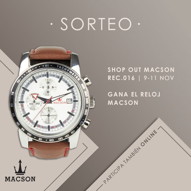 macsonshop's tweet photo. ¡SORTEO! ¿Quieres ganar este reloj Macson? Si estás por el Shop Out de Macson del Rec de Igualada puedes participar ahí mismo, y si prefieres hacerlo online sólo tienes que hacerte fan y rellenar tus datos aquí.
@Recstores #REC0 #REC016 #menswear #mensfashion #sorteo #reloj https://t.co/K3PjOTQIoM