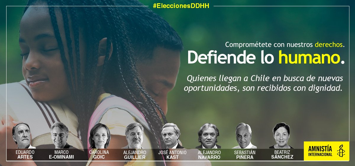 amnistiachile's tweet photo. Queremos un país que reciba con dignidad a migrantes y refugiados! Firma y exige un compromiso https://t.co/5xsuTx0Wsl #EleccionesDDHH https://t.co/WZw87dxyQ2