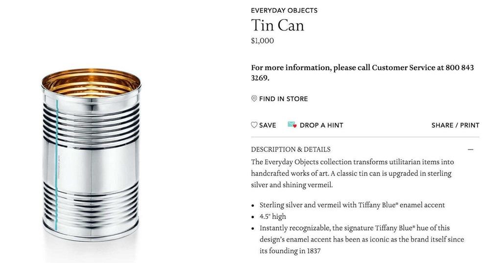 storyofstuff's tweet image. Tiffany &amp;amp; Co. is literally selling this $1,000 tin can. RT if you'd rather spend this money fighting for an environmental cause! #BuyLessLi…