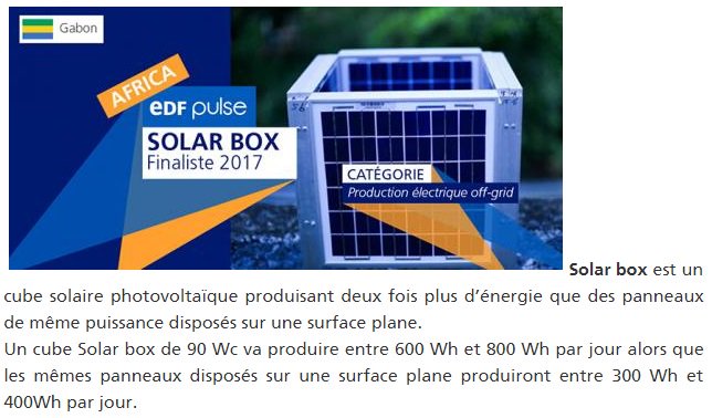 Solar Box Gabon représentera le Gabon 🇬🇦le 19 Décembre 2017 pour la finale de la 1ère édition de @EDFpulse Africa . Rappelons que Solar Box Gabon vend du matériel solaire nouvelle génération disponible sur solarboxgabon.com .
Liste des finalistes africa-pulse.edf.com/edf-pulse-afri…