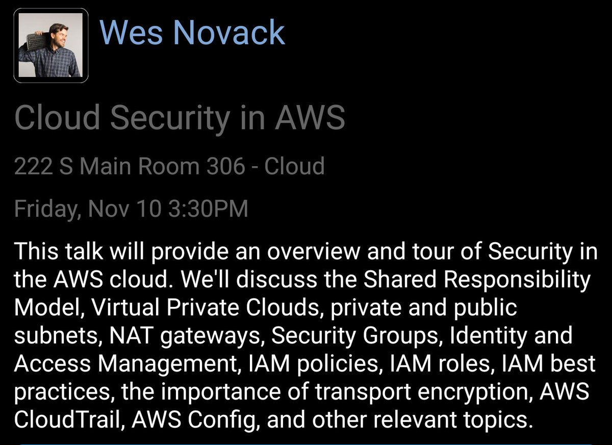 WesleyTech's tweet photo. I'm speaking on Cloud Security in AWS at 3:30pm at 222 S Main St in room 306. 

Join me! #BMDDC #freeconference #slc https://t.co/RssxDlbt8q