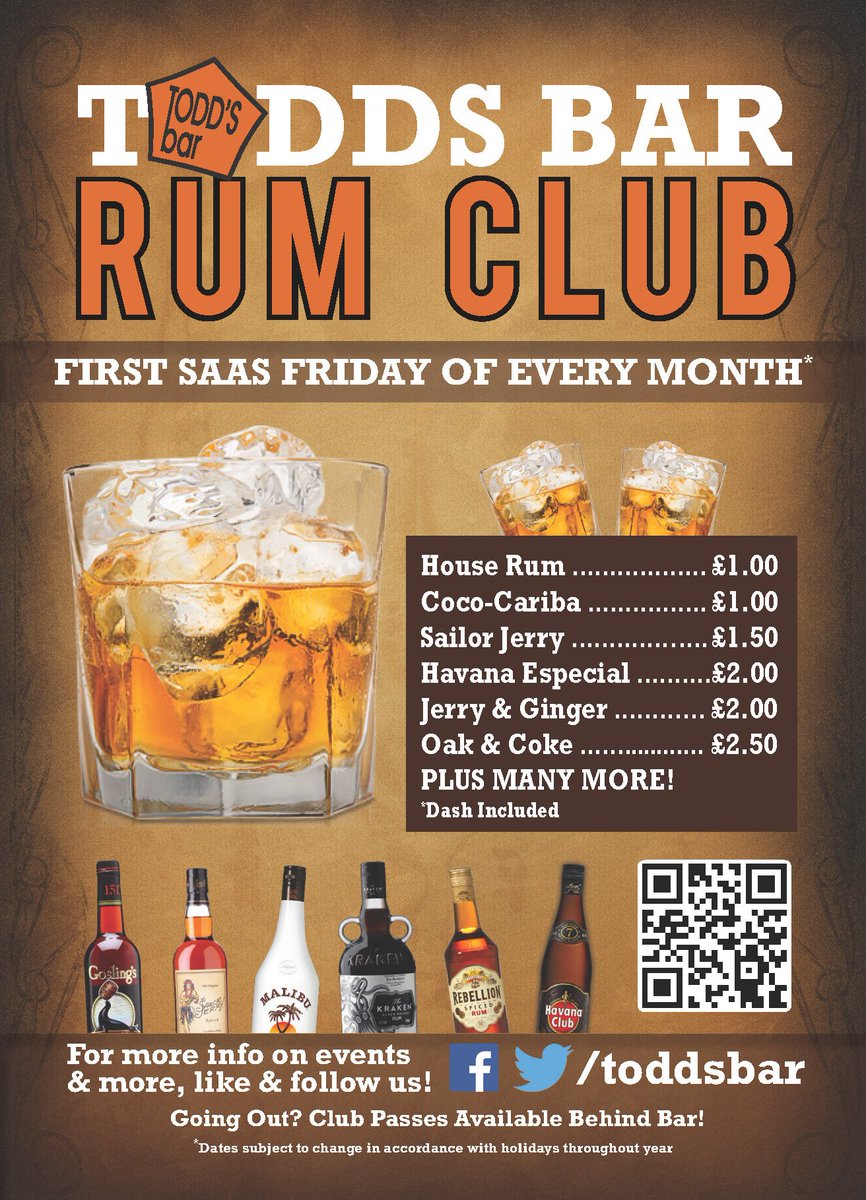 toddsbar's tweet photo. Rum Club tonight £1 rums  #student #strath #strathlife #fun #glasgow #rum #drinks #pub #toddsbar #follow #retweet  #followme https://t.co/KP3zKDYlqj