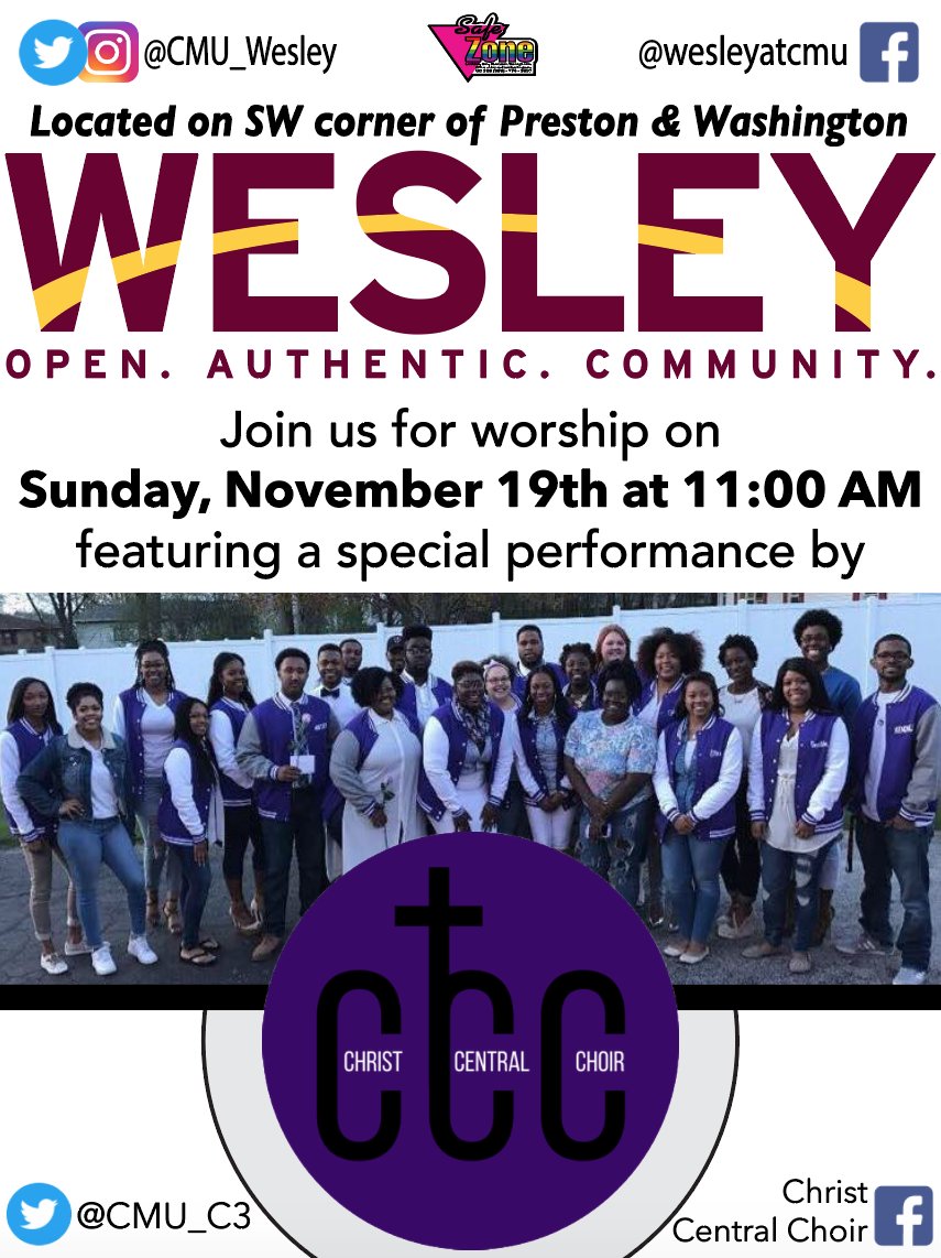CMU_C3's tweet photo. Join us at Wesley's morning service, November 19th! We hope to see you there! 💜💛 https://t.co/TrsYyZEZVq