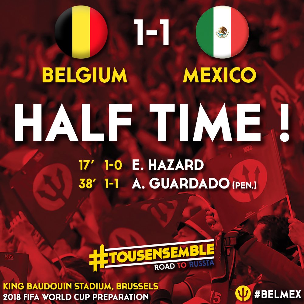 BelBeep's tweet photo. Les Diables, qui ont mal entamé le match, sont tenus en échec face au Mexique (1-1 à la pause). La possession est visiteuse malgré la réalisation d'Hazard peu après le 1/4 d'heure. #BeepLive #RoadToRussia2018 #roadtorussia #BELMEX https://t.co/6HLYCIni2g
