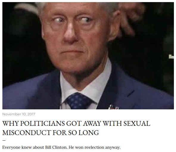 washingtonpos's tweet photo. Perspective: Why politicians got away with sexual misconduct for so long

Everyone knew about Bill Clinton. He won reelection anyway.

https://t.co/17QCv3254R https://t.co/evEkAmxVMc