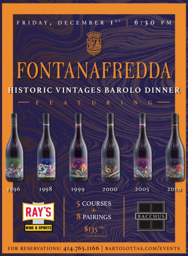 rayswine's tweet photo. Friday, December 1st (in 3 weeks!), Ray’s is partnering with @BacchusMKE &amp; @WineEnthusiast's 2017 "European Winery of the Year", @Fontanafredda_, for our FINAL wine dinner!

Ray’s “Save the Best for Last” Historic Vintages Barolo Dinner: https://t.co/b7JCRXCwBg @visitmilwaukee https://t.co/dZbBClwnAM