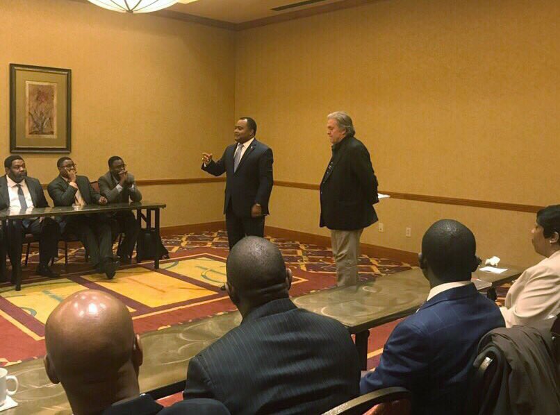 MegKinnardAP's tweet photo. HAPPENING NOW: I’ve been granted exclusive access to a closed-media roundtable with @SCBlackChamber, Steve Bannon &amp; @TempletonCath. I’ll have the scoop for you, later on. Stay tuned. https://t.co/6Y9ayUbuSa