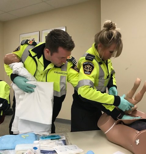 DurhamParamedic's tweet photo. .@RDParamedics Cody &amp; Krichele re-certificating in Emergency Childbirth at our yearly #CEPCP base hospital with @ontariomidwives #SupportingYourHealth https://t.co/hziKf5vwi2
