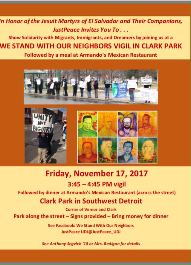 Udj2Iftn's tweet photo. Join JustPeace next Fri. at SW Detroit's Clark Park to stand with immigrants, migrants, and dreamers. Dinner afterward. Alumni welcome. https://t.co/VQwaiaptpy