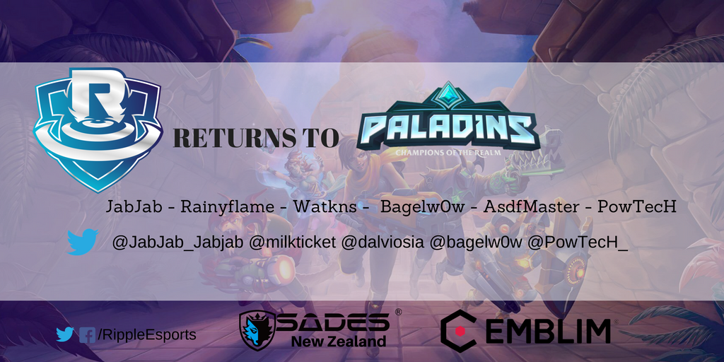 RippleEsports's tweet photo. Ripple is proud to announce we have picked up Team Kill to Heal, who have qualified for the Paladins World Championship Wildcard Cup LAN on November 18th-19th. https://t.co/S5uqe5CuaI