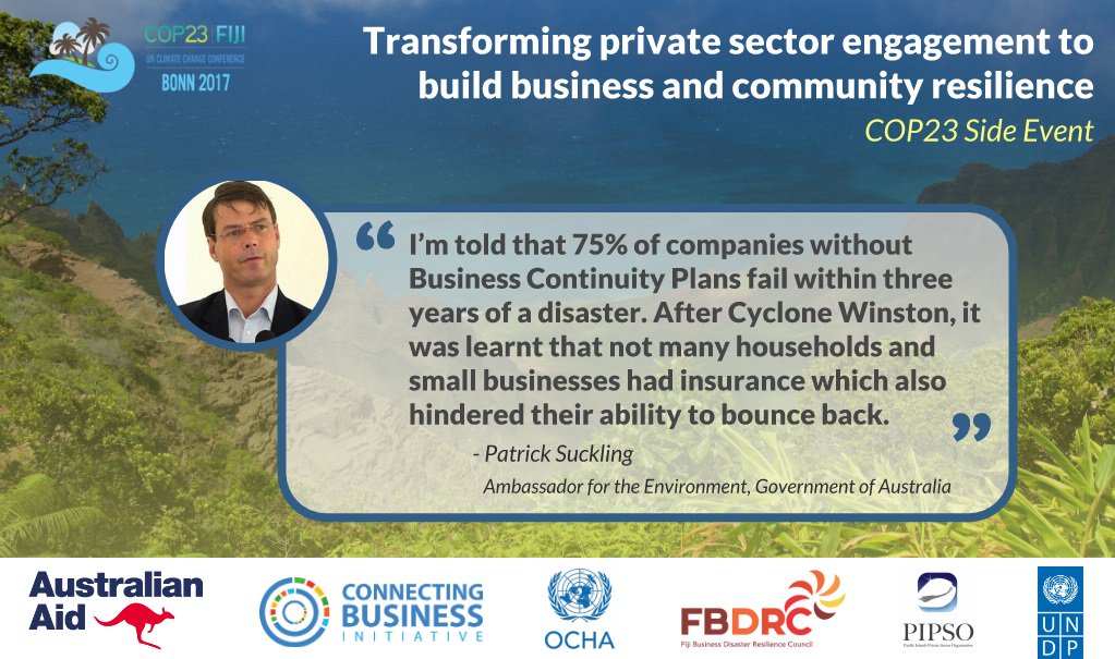 Business continuity plans and #insurance are very important for resilience of businesses. Often small businesses lack these putting great numbers of jobs at risk <a href="/PatrickSuckling/">Patrick Suckling</a> #COP23 <a href="/dfat/">Department of Foreign Affairs and Trade 🇦🇺</a>
