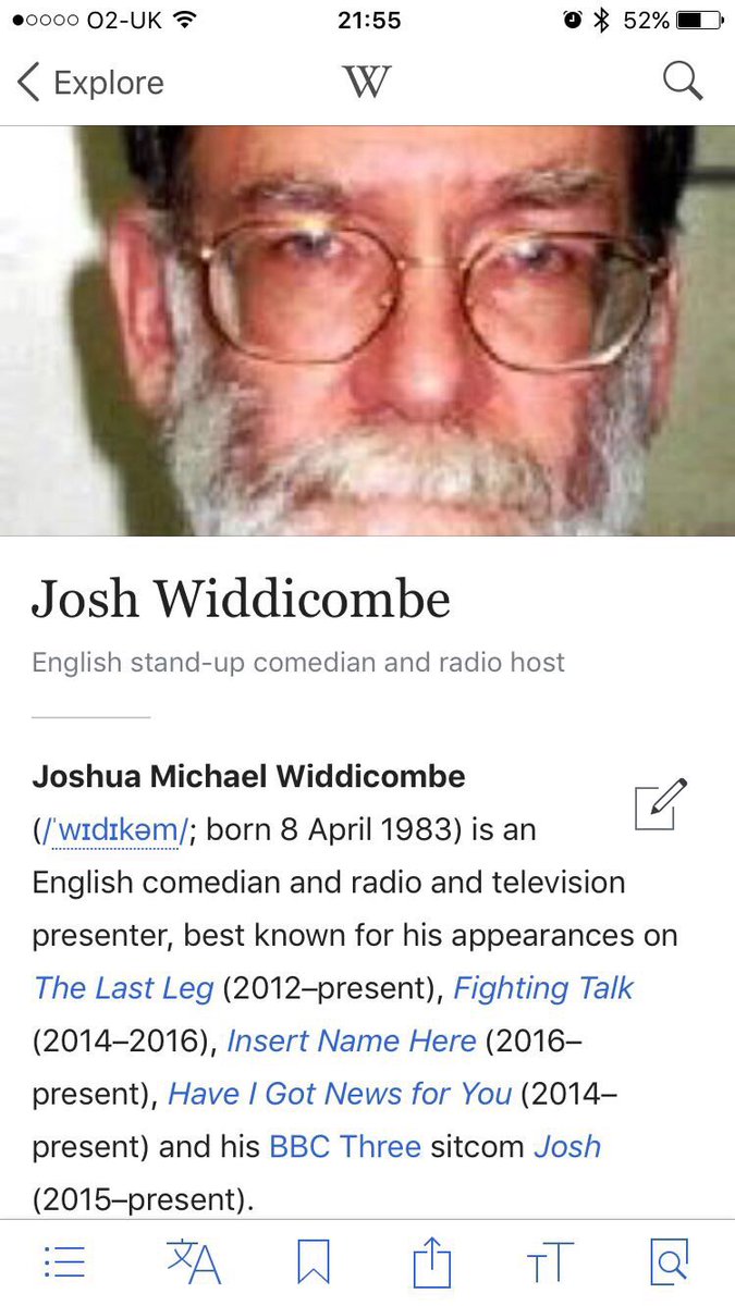 SamboBowman's tweet photo. @TheLastLeg #isitok that Wikipedia temporarily mixed up @joshwiddicombe with Harold Shipman?! https://t.co/CYSxrsiaHR