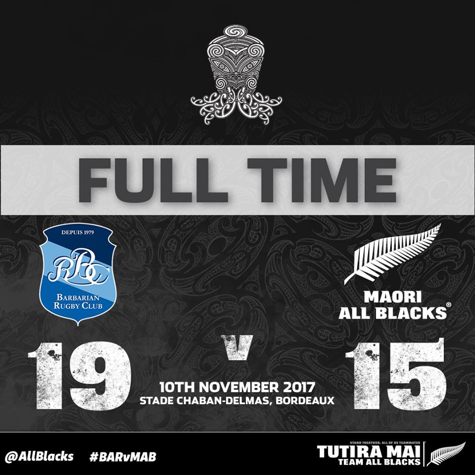 BlitzBokke's tweet photo. UPDATE:
Congratulations to the French @Barbarian_RC beating the #MaoriAllBlacks 15 - 19 in #Bordeaux tonight.
#BARvMAB
Pic: @AllBlacks https://t.co/Vfd99820jW