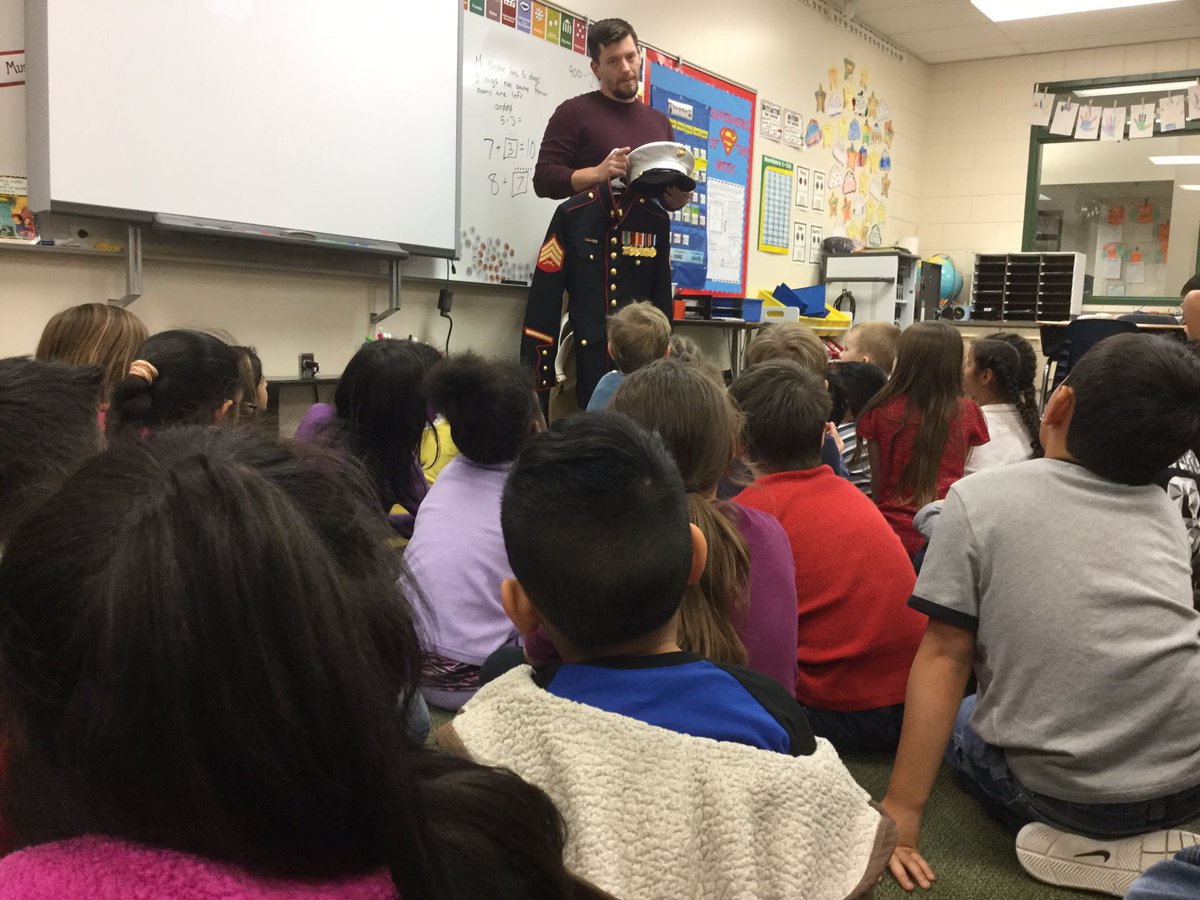 mgustapt's tweet photo. SLPSCHOOLS We celebrated Veterans by creating a flag using character traits for the stars and sentences on the stripes.  We also invited a former Marine in #slppantherproud @Darrick_Becken https://t.co/dAqgbdWHrT