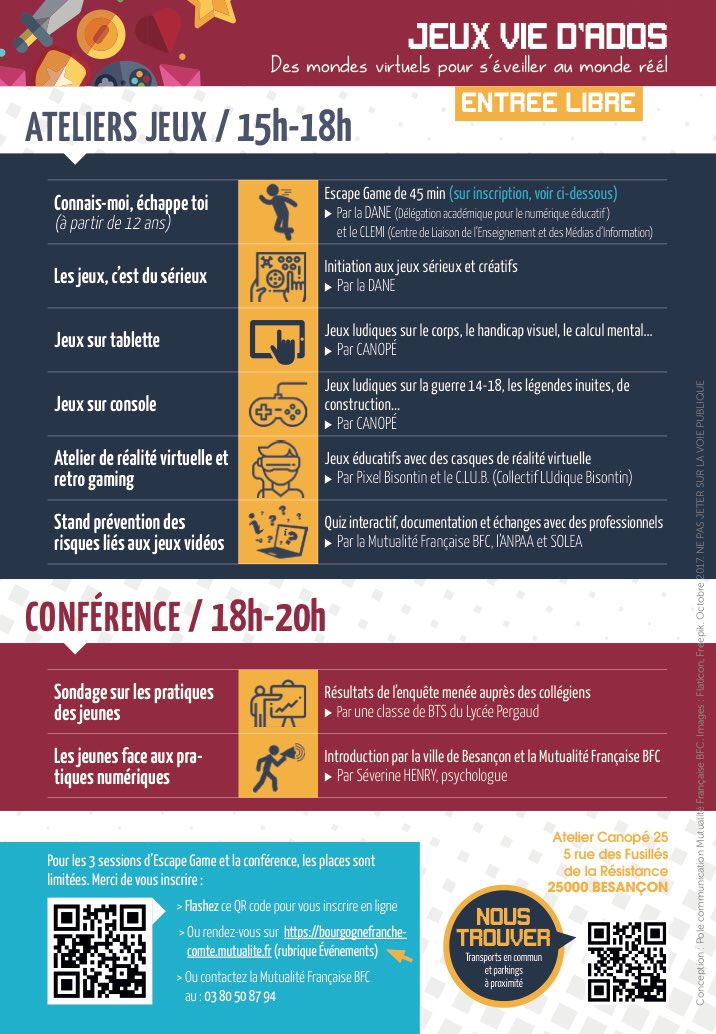 gbonzoms's tweet photo. Sur la thématique des #jeux #vidéo : ateliers, usages pédagogiques, #EscapeGame et conférence à @Canope_25 de @villedebesancon le mercredi 22 novembre 🕗 15h-18h ateliers (entrée libre), puis conférence de 18h à 29h (sur inscription). RT appréciés 😉 https://t.co/cm8EWdALnj