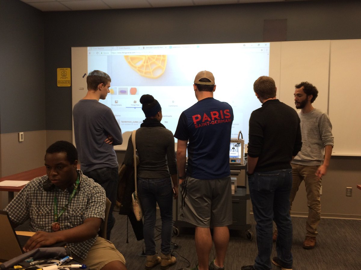 GameDevAtUNCC's tweet photo. Co-op with @UNCC_CCI Makerspace! 3D printing game pieces and @blender_org models from our games in Woodward 135! #ccievent @CCICareer https://t.co/TpfGW46ghy