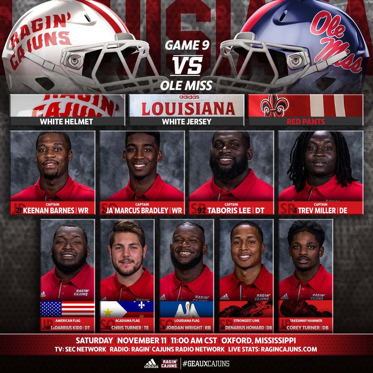 Captains &amp; Uniforms for tomorrow's game vs Ole Miss! 🏈⚪️⚪️🔴

#GEAUXCajuns