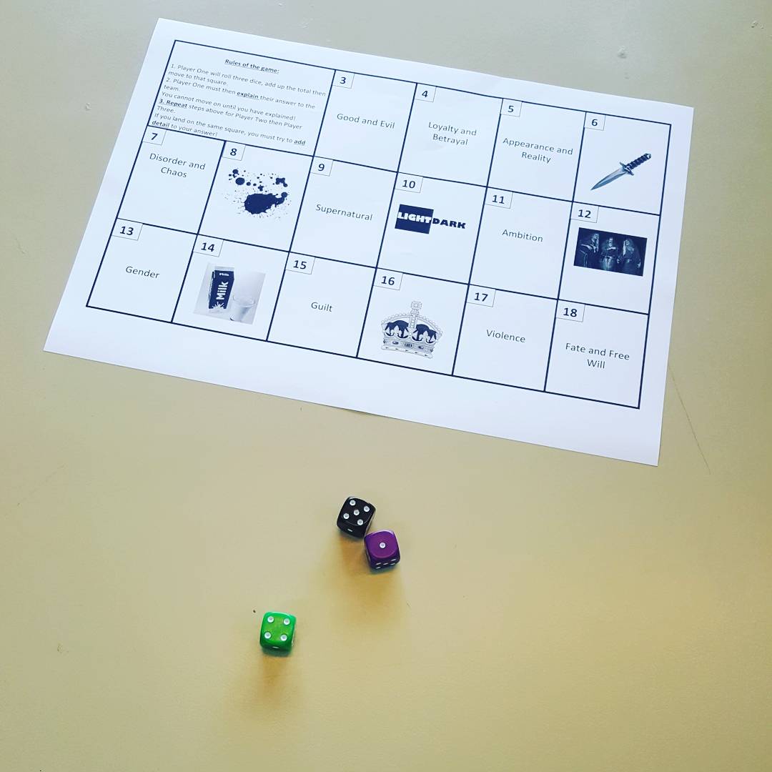 MissAspinallEng's tweet photo. No Pen Day - Macbeth revision dice game to initiate discussions on key themes, symbols and motifs in the play. At the end of the lesson, we discussed which topics were easy and which ones they struggled to explain (and tackle them further with revision) #macbeth #teamenglish https://t.co/gDAfohcKCt