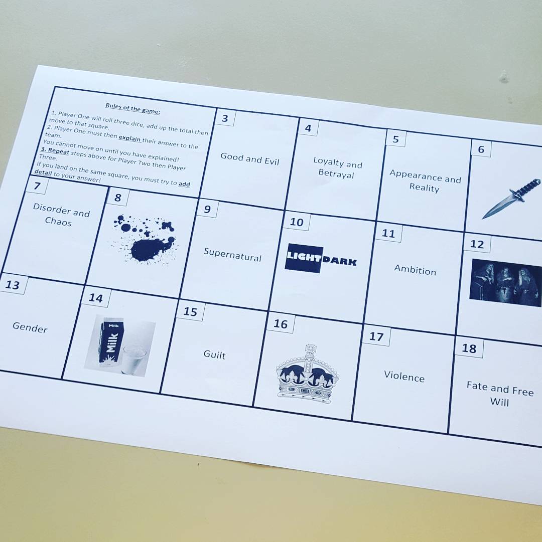 MissAspinallEng's tweet photo. No Pen Day - Macbeth revision dice game to initiate discussions on key themes, symbols and motifs in the play. At the end of the lesson, we discussed which topics were easy and which ones they struggled to explain (and tackle them further with revision) #macbeth #teamenglish https://t.co/gDAfohcKCt