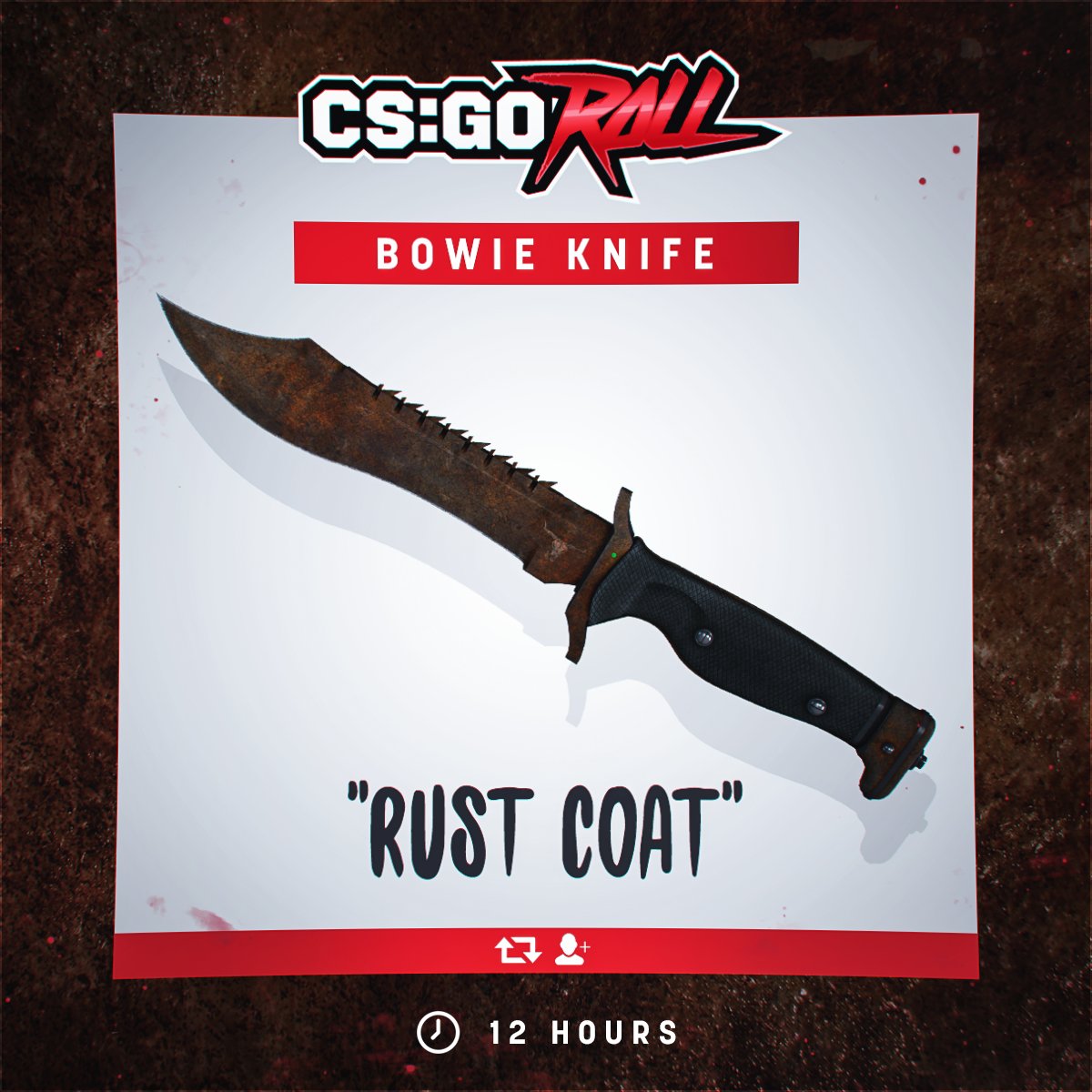 CSGORoll's tweet photo. Bowie Knife | Rust Coat  - GIVEAWAY

- RT &amp; Follow
- Enable notifications on CSGORoll
- Play Free Spin https://t.co/eVBIdbhBWj

Good luck! https://t.co/i10IvFGkLX