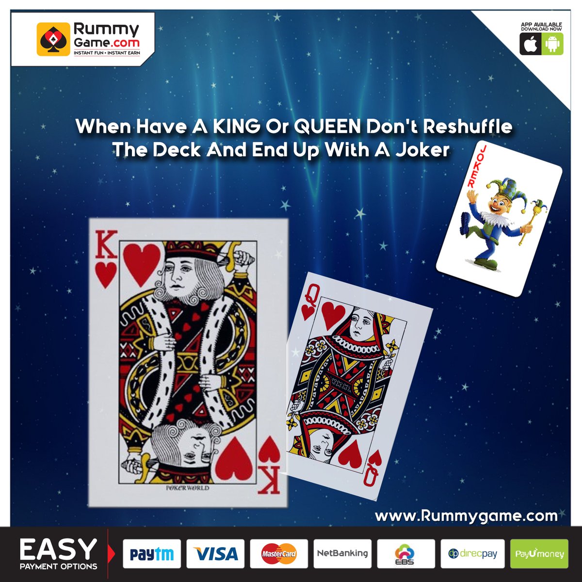 RummyGameOffl's tweet photo. When Have A King Or Queen Don't Reshuffle The Deck And End Up With A Joker,Play Online Rummy At https://t.co/2OZKEUD4z4 #13Cards #Indianrummy https://t.co/oVvkJs3ltZ