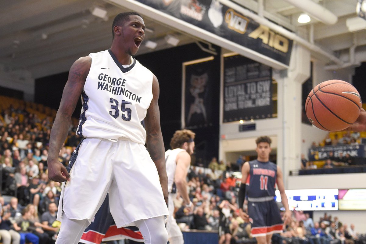GW_MBB's tweet photo. Recap and highlights from an entertaining night in the Smith Center as GW defeats Howard, 84-75 #RaiseHigh https://t.co/v9EqdKCVas https://t.co/vX2ps05Es8