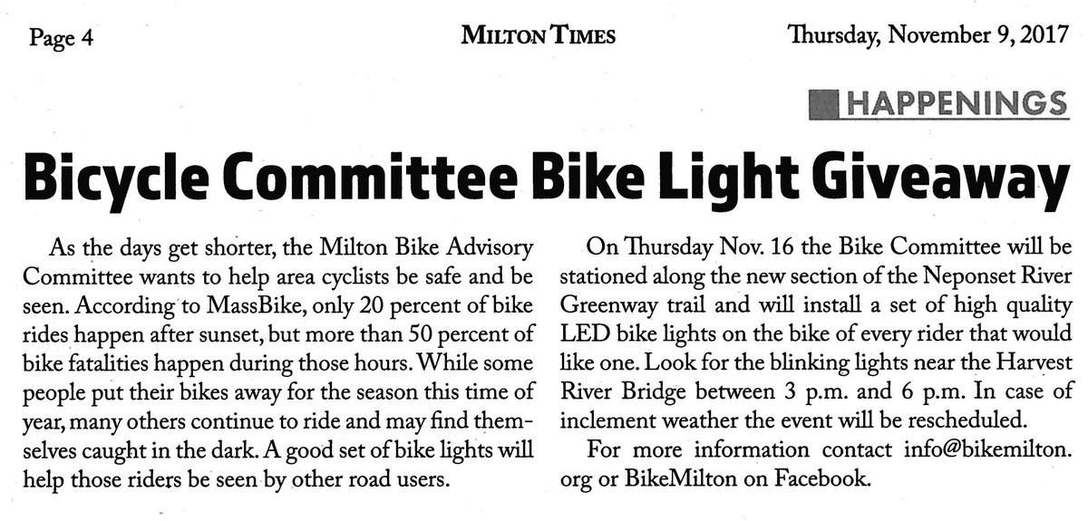 BikeMilton's tweet photo. Are you a #bikeninja? We want you to see and be seen! Because it gets dark so early now, the #MiltonMA Bike Committee will install lights on bikes on the #NeponsetGreenway Nov 16! #MALightBrigade https://t.co/hk3kSfSvTr
