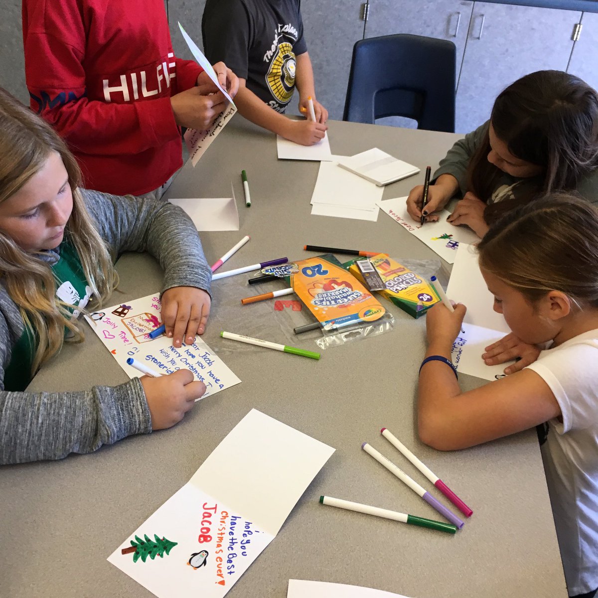 cwallace_cathy's tweet photo. Stoneridge Timberwolves making Christmas cards for Jacob. Thank you Student Leadership Club for helping! #rcsdchampions https://t.co/BJgHPlmItF