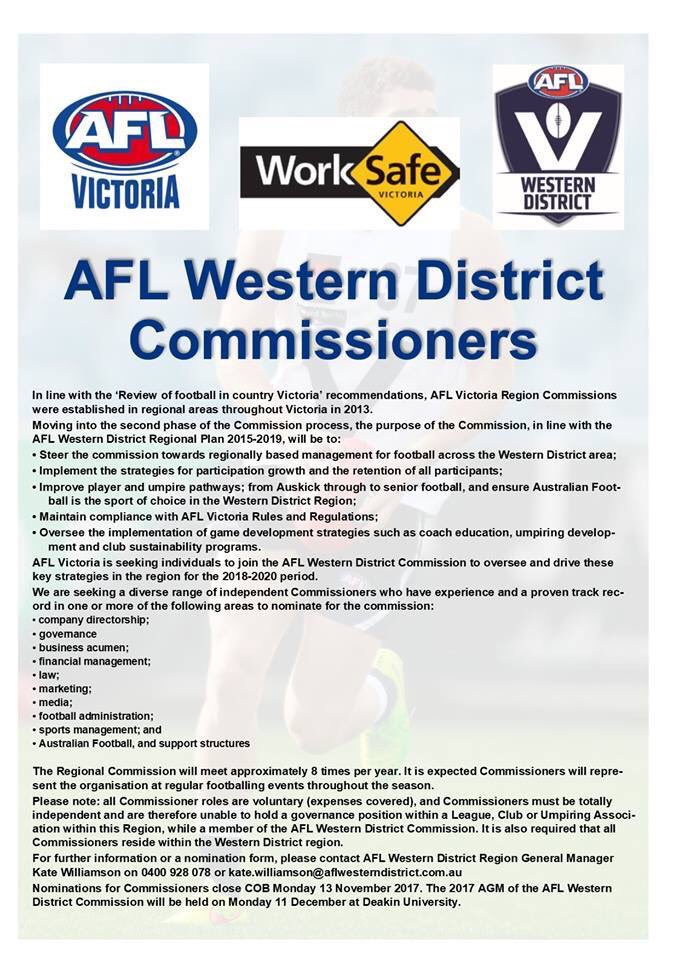 Melanie Curtis (@curtis_melanie) on Twitter photo Calling footy lovers from the western district - become an AFL Commissioner next year <a href="/AFL_WD/">AFL Western District</a> <a href="/aflvic/">AFL Victoria</a> Calling footy lovers from the western district - become an AFL Commissioner next year <a href="/AFL_WD/">AFL Western District</a> <a href="/aflvic/">AFL Victoria</a>