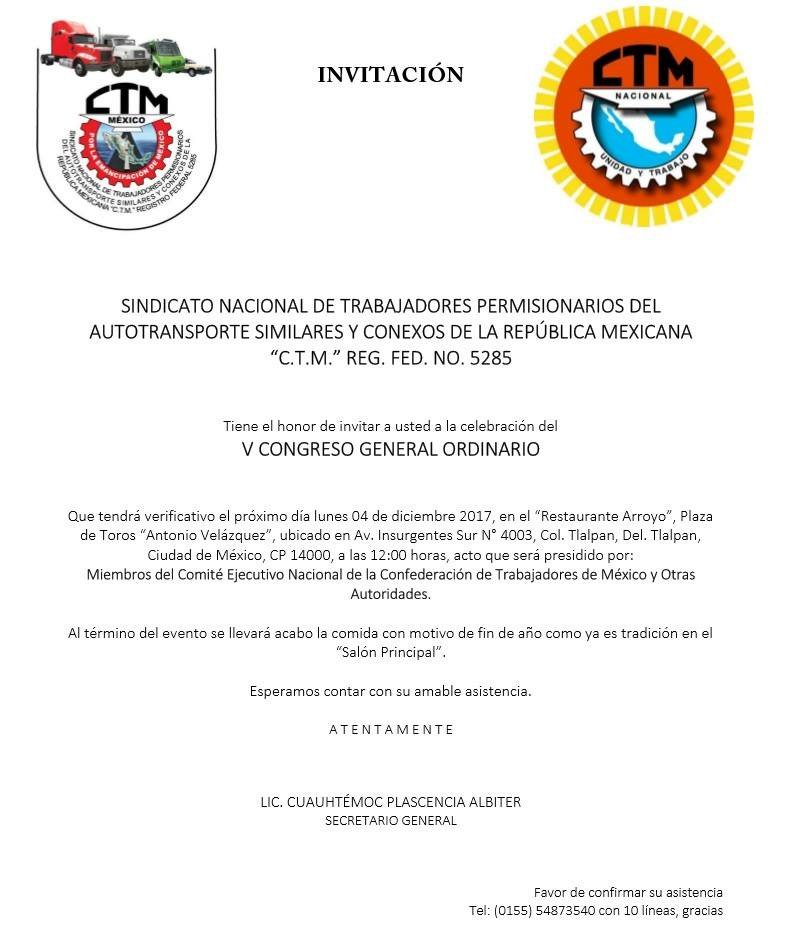 FuerzaCTM's tweet photo. Los Trabajadores @Permisionarios_ de la @CTM_MX celebraremos nuestro V CONGRESO GENERAL ORDINARIO @CPlascenciaA @CarlosAceves_ https://t.co/hfriKRno65