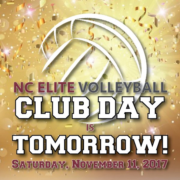 NCEliteVB's tweet photo. Club Day is tomorrow! See welcome email for schedule, location & all details about commitment letters & paperwork! #tryouts2017 #clubday https://t.co/N268X3KwHV