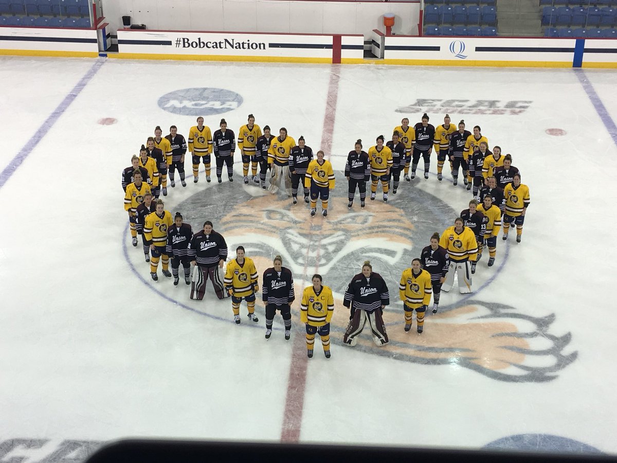 UnionWHockey's tweet photo. Dutchwomen join forces with the Bobcats post game to form a heart in honor of #DIFD https://t.co/dhQILNQ999