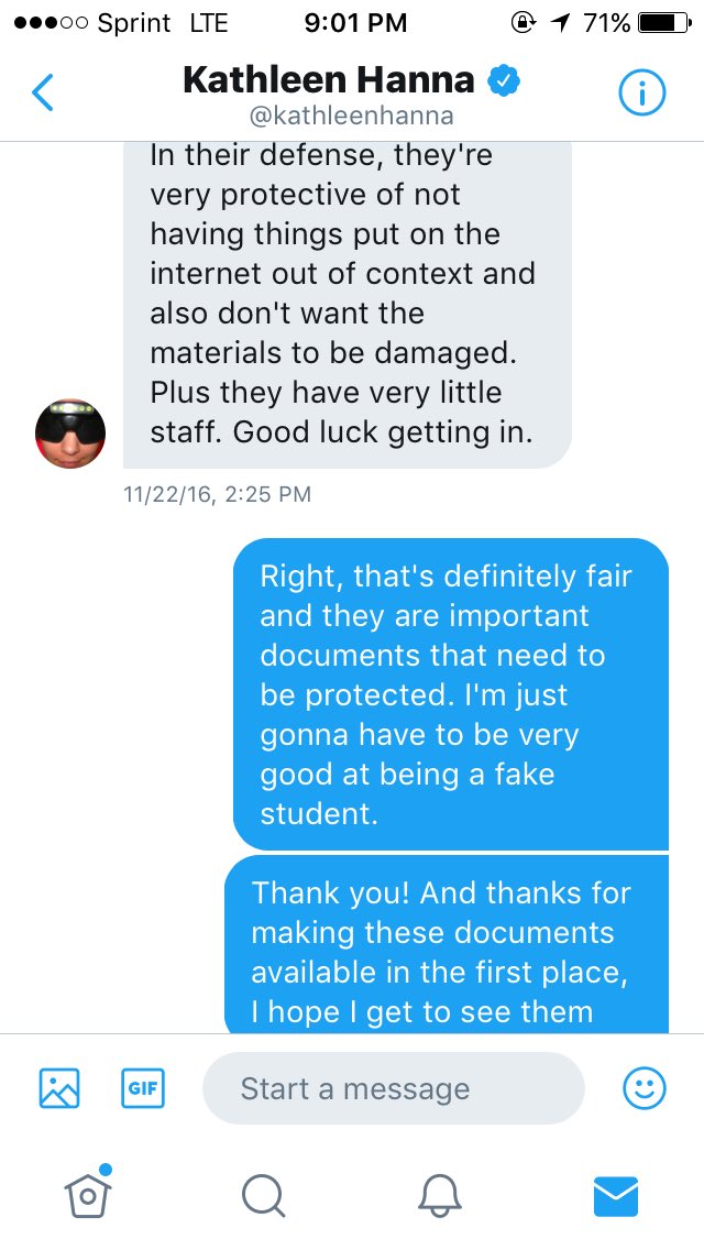 One time Kathleen Hanna slide into my DMs happy bday ily <3 