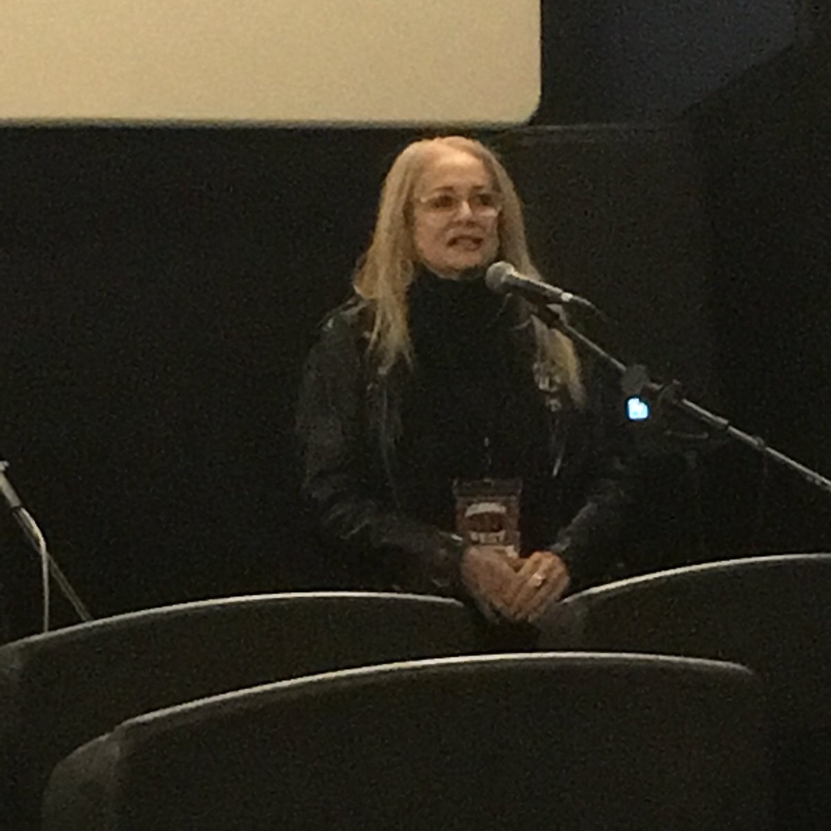 jsgraff's tweet photo. Penelope Spheeris speaks before a showing of her favorite work, Decline of Western Civilization part 3 at @CIMMFest #penelopespheeris #declineofwesterncivilizationpart3 #CIMMFest @davistheater https://t.co/UBAucxh1Aa