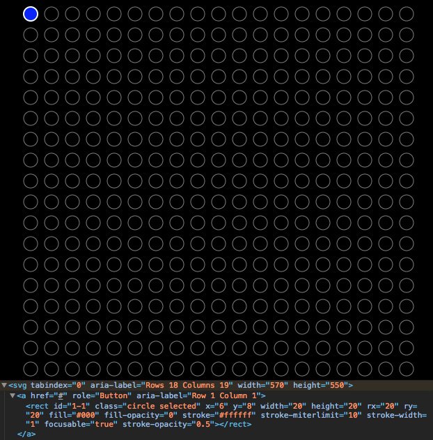 brianrowe's tweet photo. I’m struggling on how to allow focus on the circle elem inside the SVG other than a link &amp; what aria role to give them for #accessibility so it makes sense in a screen reader. Need the arrow keys to be able to focus on the circles. Any suggestions? #a11y #IncusiveDesign #WebDev https://t.co/mxcizp5qPj