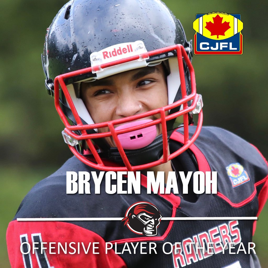 CJFLnews's tweet photo. Congratulations to Brycen Mayoh of the @ViRaiders who is named the #CJFL Offensive Player of the Year!  Photo by Brenda Pelland https://t.co/pbJu3iLEaM