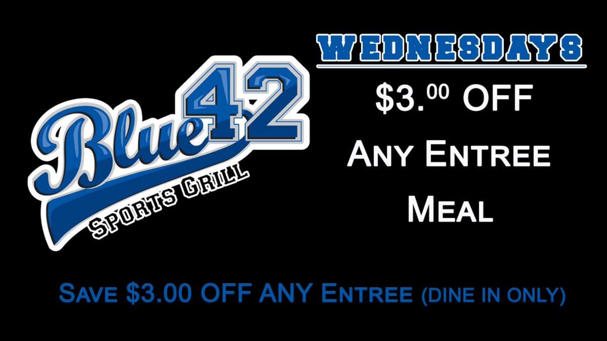 blue42SD's tweet photo. Bring the whole family out on Wednesdays - Sace $3 off all Entrees #hifromhartford #blue42sportsgrill https://t.co/jsgYVDwfih